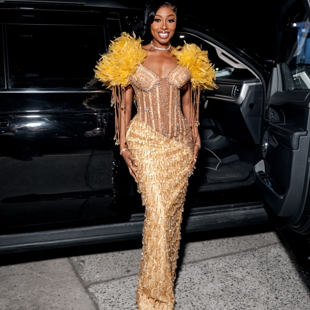 Custom Gold Feathered Evening Gown